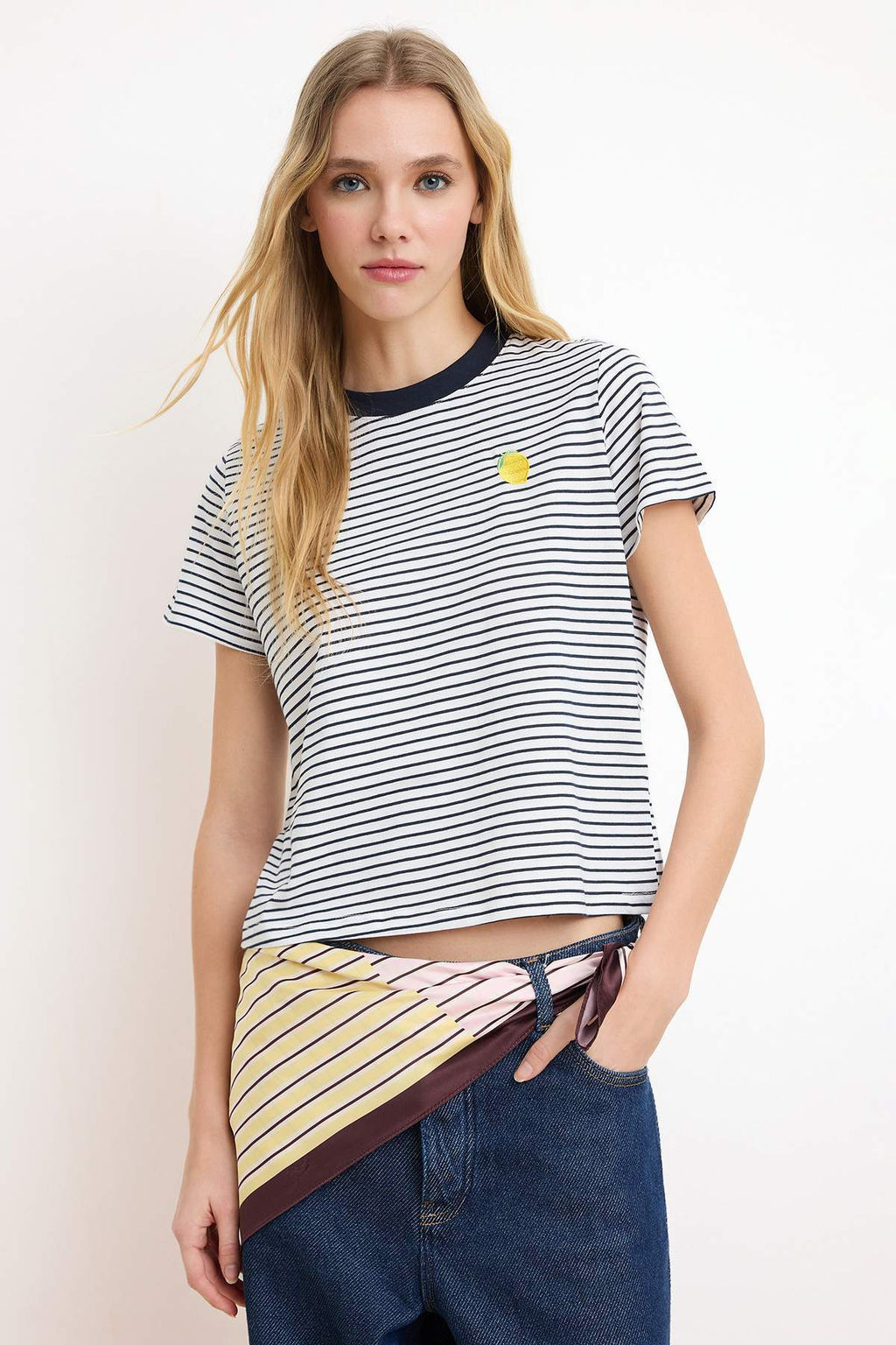 Lacivert Cizgili Regular/Normal Kal?p Nak?sl? Tok %100 Pamuk Orme T-Shirt TWOSS26TS00017 - Trendyolmilla фото 3