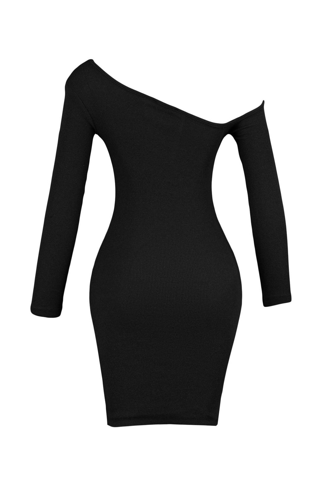 Siyah Vucuda Oturan Asimetrik Yaka Omzu Ac?k Mini Fitilli Esnek Orme Kalem Elbise TWOAW23EL00118