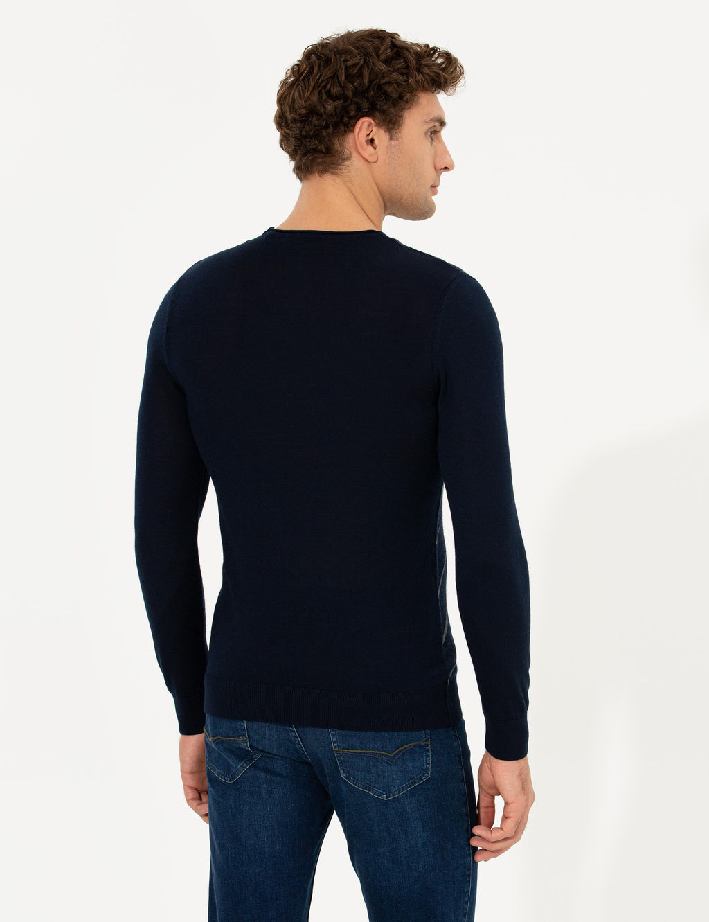 Темно-синий облегающий трикотажный свитер с круглым вырезом - Cacharel фото 14