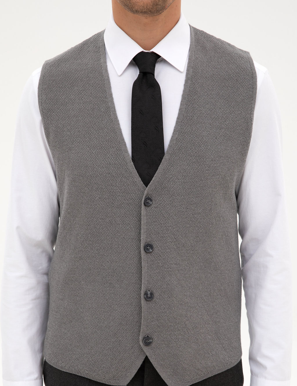 Gri Melanj Slim Fit V Yaka Triko Yelek