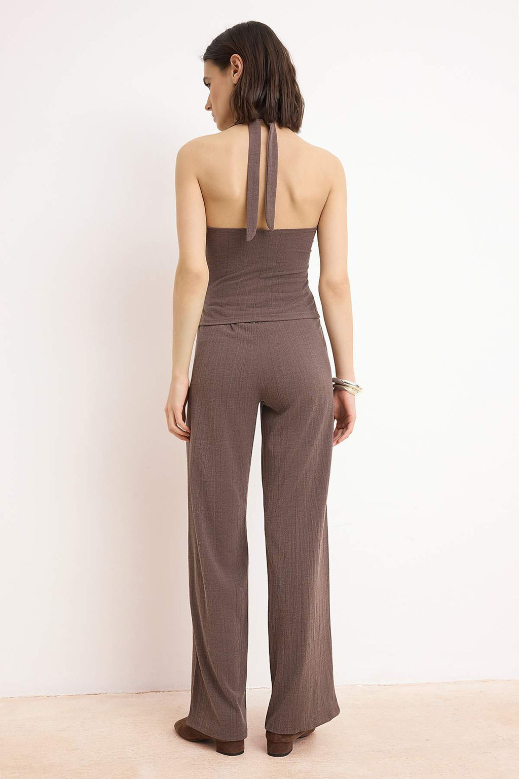 Ac?k Kahverengi Fitted/Vucuda Oturan Dugmeli Boru Paca Jakarl? Orme Alt-Ust Tak?m TWOSS26AU00028 - Trendyolmilla фото 4