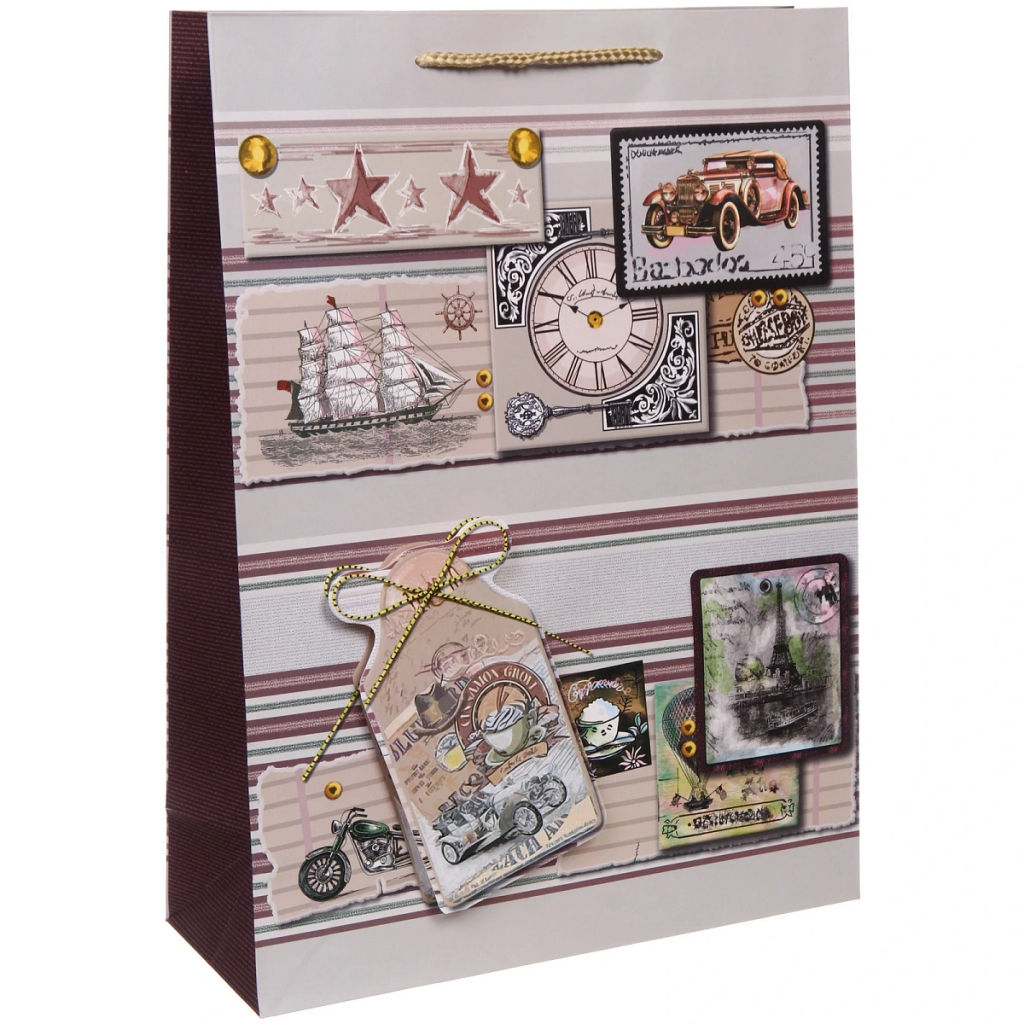 Цена за 12 шт. Пакет подарочный "Винтаж" 31*42*12 см, микс