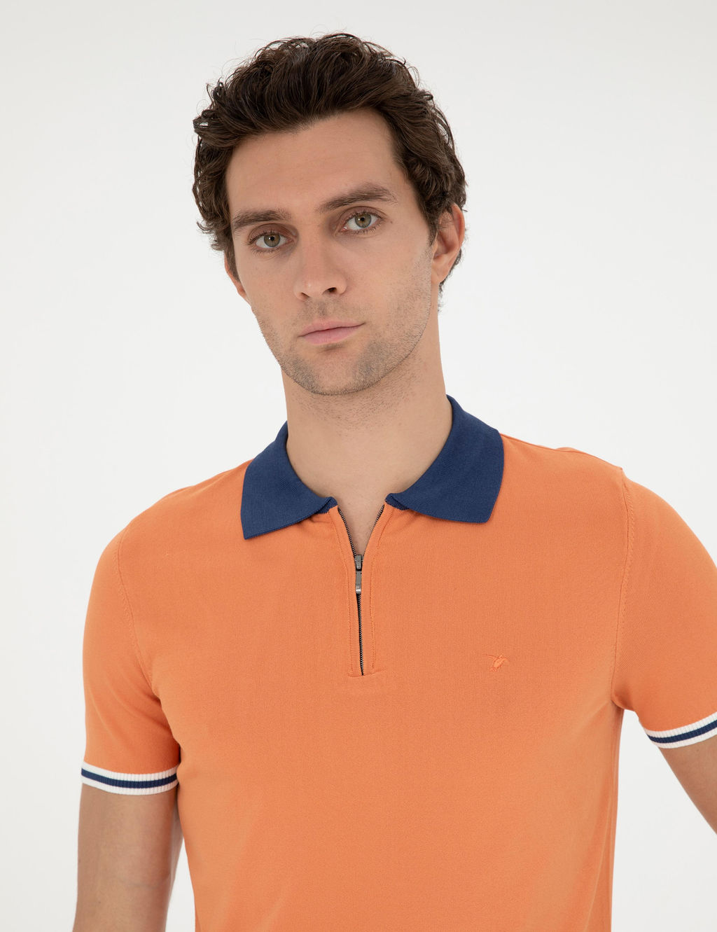 Turuncu Slim Fit Fermuarl_ Polo Yaka Triko T-shirt