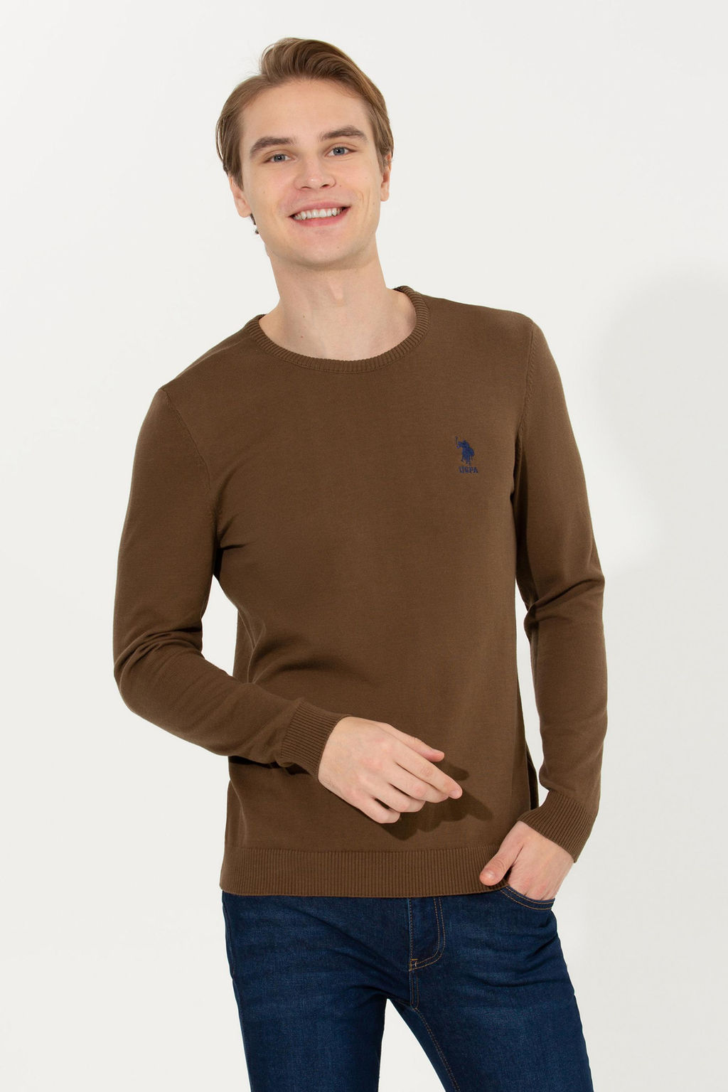 U. S. Polo Assn / Мужской базовый трикотажный свитер кокосового цвета с круглым вырезом
