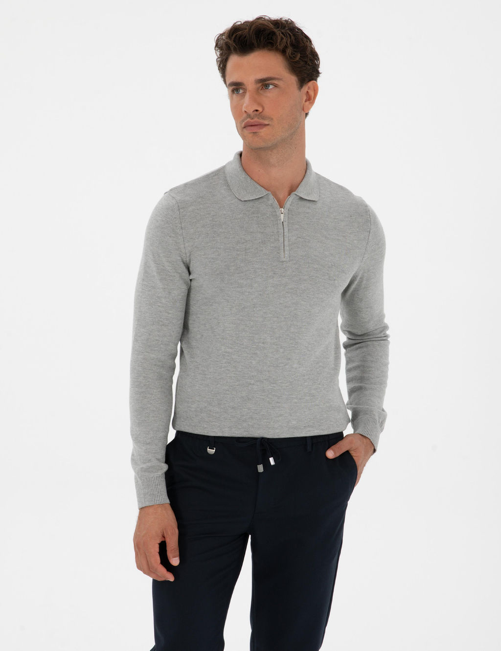 Gri Melanj Slim Fit Polo Yaka Fermuarl_ Basic Triko Kazak - Pierre cardin фото 3