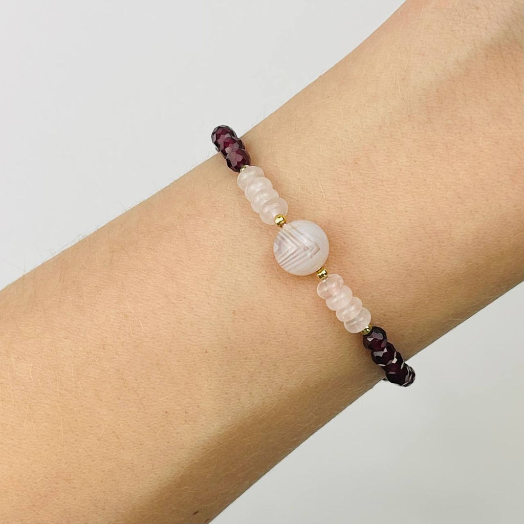 Браслет из Граната,Розового кварца и Бразильского агата 16,5 см +