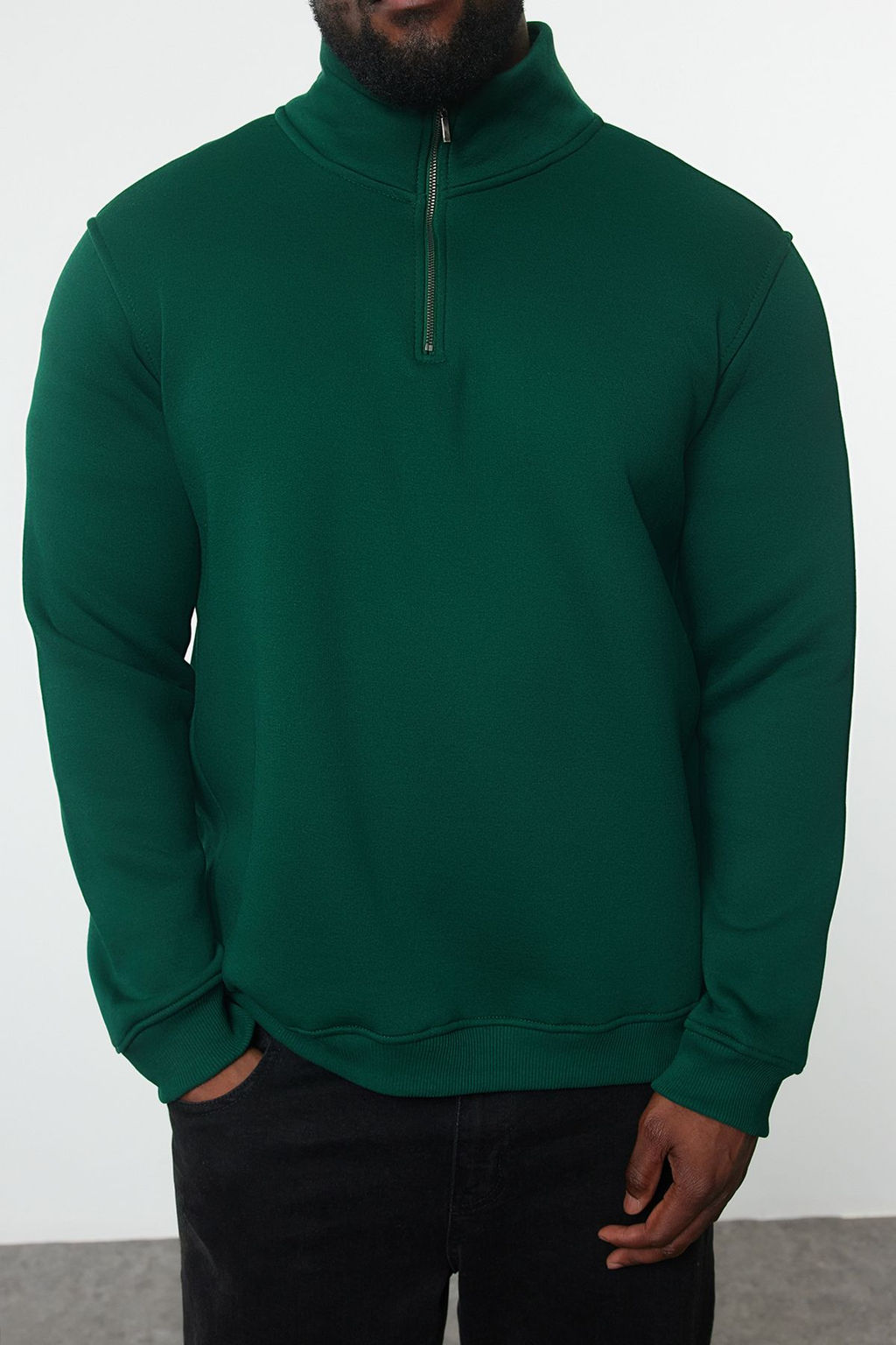 TRENDYOL MAN Yesil Buyuk Beden Oversize/Normal Kesim Dik Yaka Fermuarl? Ici Polarl? Sweatshirt TMNAW24AO00024 - Trendyolmilla фото 3