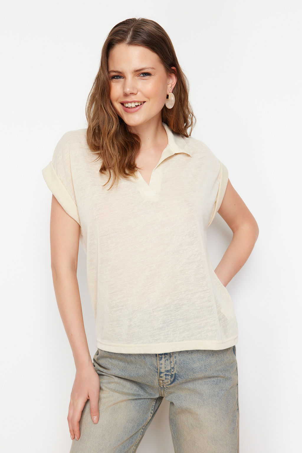 Tas Keten Gorunumlu Regular/Normal Kal?p Polo Yaka K?sa Kollu T-shirt - Trendyolmilla фото 2