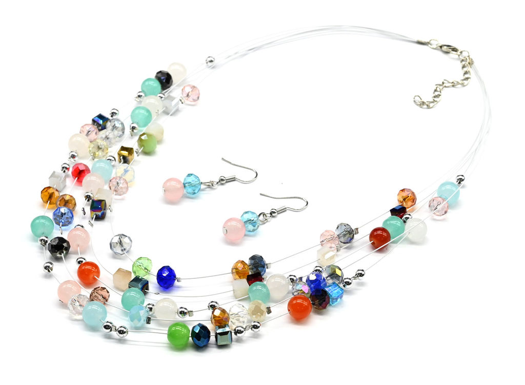 Колье и серьги 5 нитей с цирконом цв.ассорти, 45см