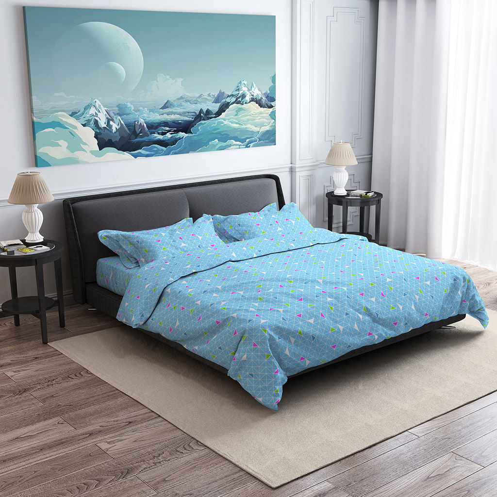 Постельное белье, комплект 1,5 спальный "Треугольники, бирюза", 4 предмета: пододеяльник 145х215см, простыня 150х215см, 2 наволочки 70х70см с клапаном-запахом, бязь "Комфорт" 121г/м2, хлопок 100%, упаковка "классическая" ПВХ 32х41х2,5см, "Домашняя мо