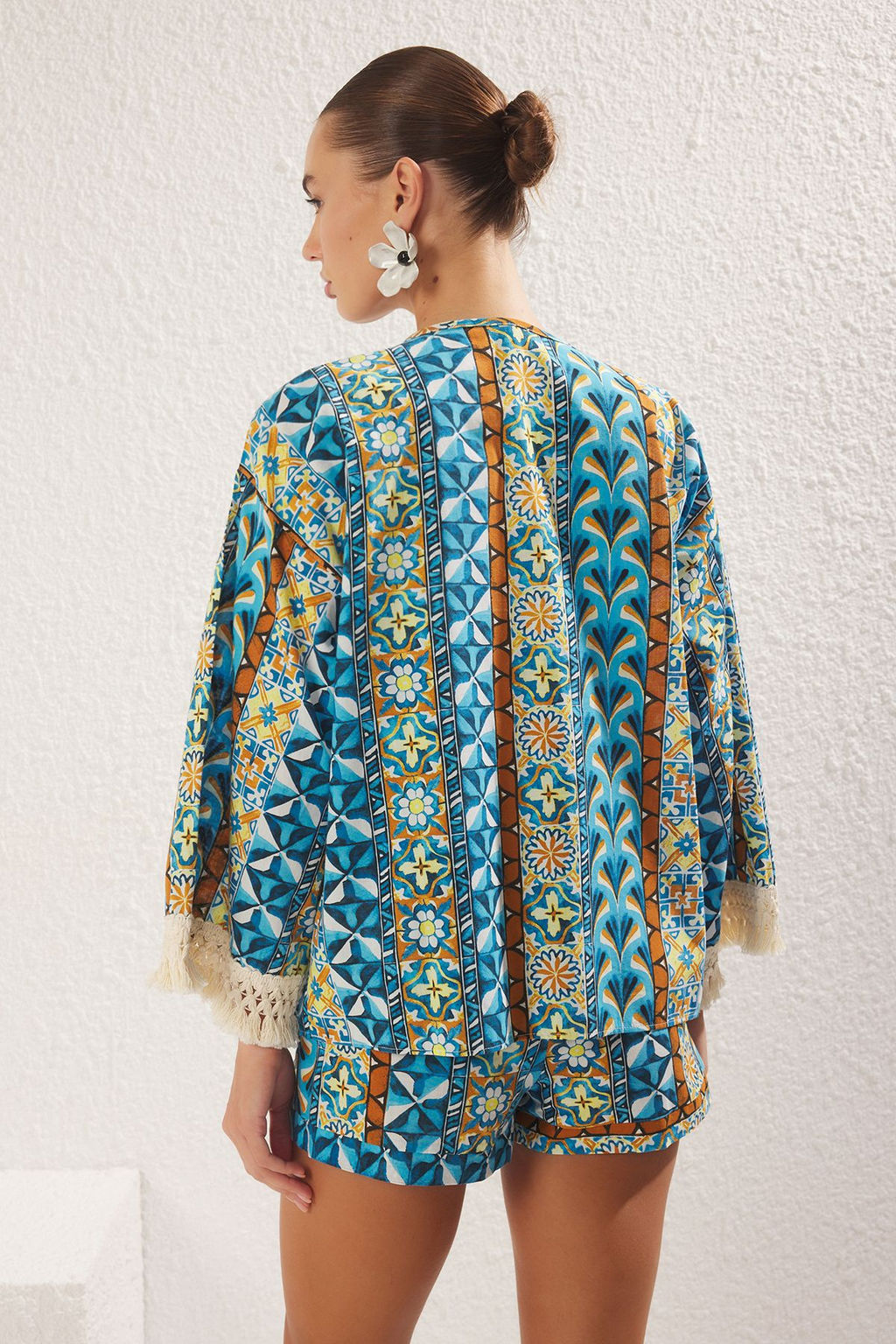 Etnik Desenli Dokuma Puskul Yuksek Bel %100 Pamuk Plaj Mini Kimono-Sort Tak?m TBESS25AU00017 - Trendyolmilla фото 5