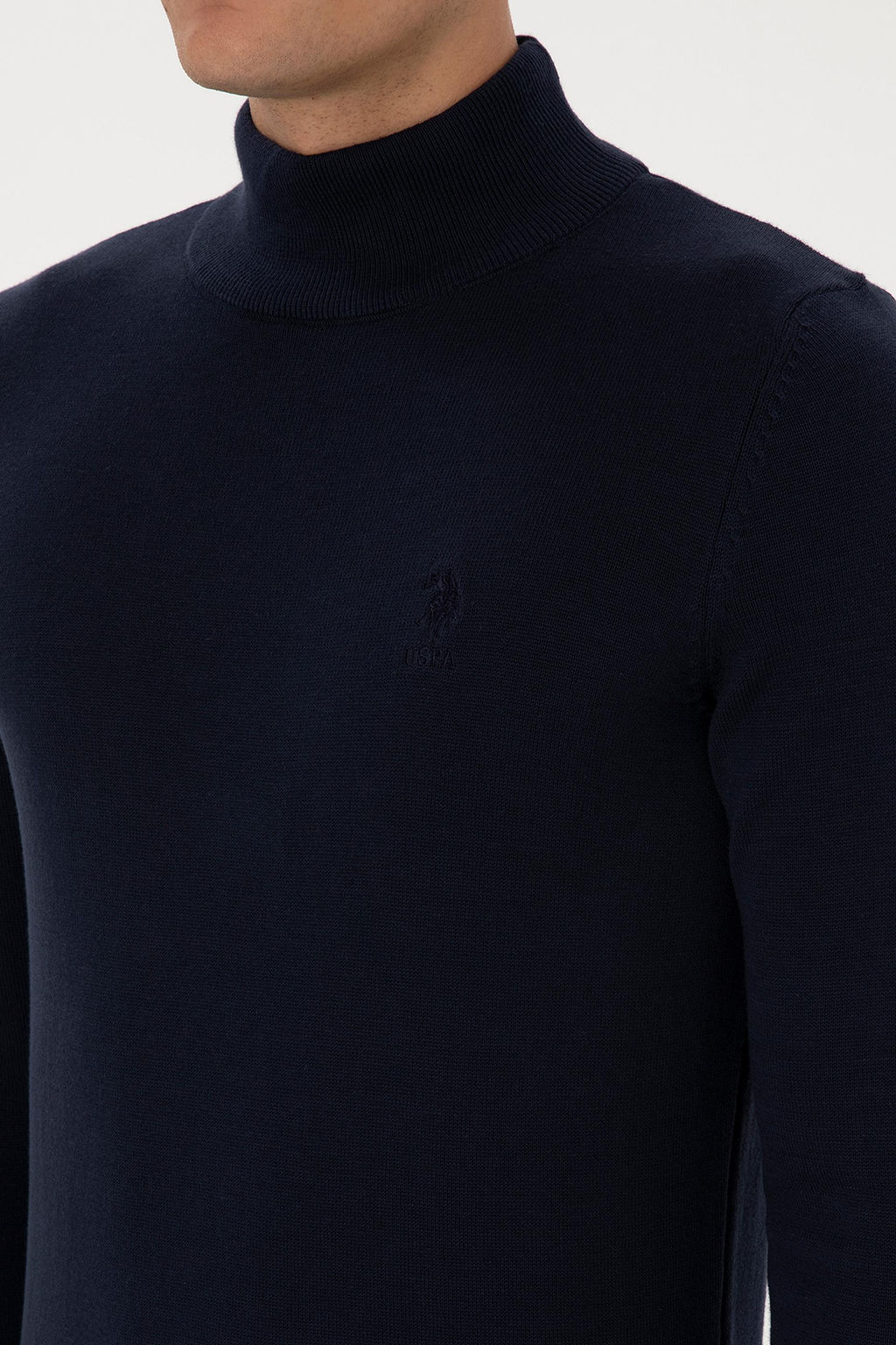 Erkek Slim Fit Yar_m Bal_k__ Yaka Lacivert Basic Kazak