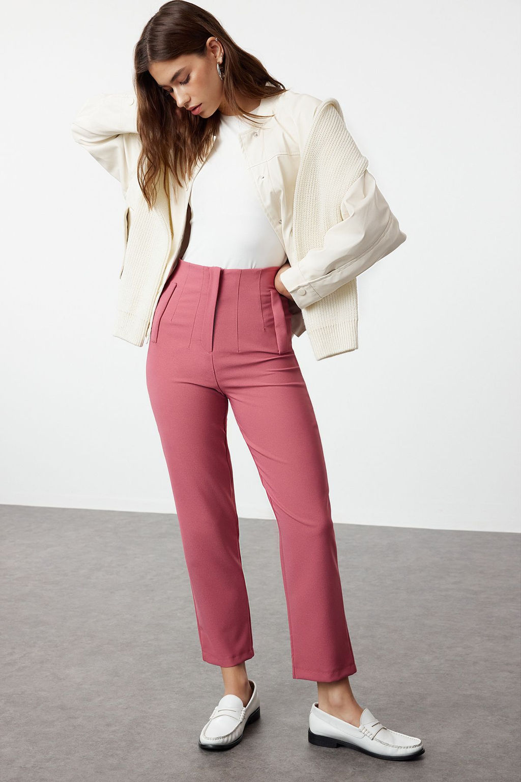 Gul Kurusu Cigarette Kal?p Pensli Yuksek Bel Bilek Boy Dokuma Kumas Pantolon TWOSS20PL0515