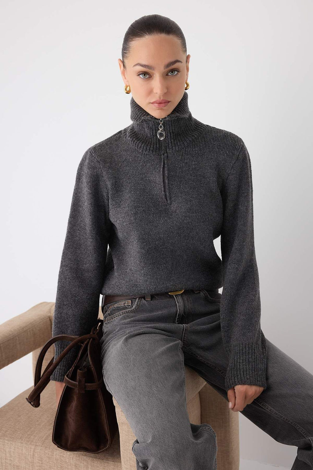 Wardrobe Essentials Kahverengi Yunlu Premium IplikFermuarl? Basic Triko Kazak | TWOAW26KZ00071 - Trendyolmilla фото 7