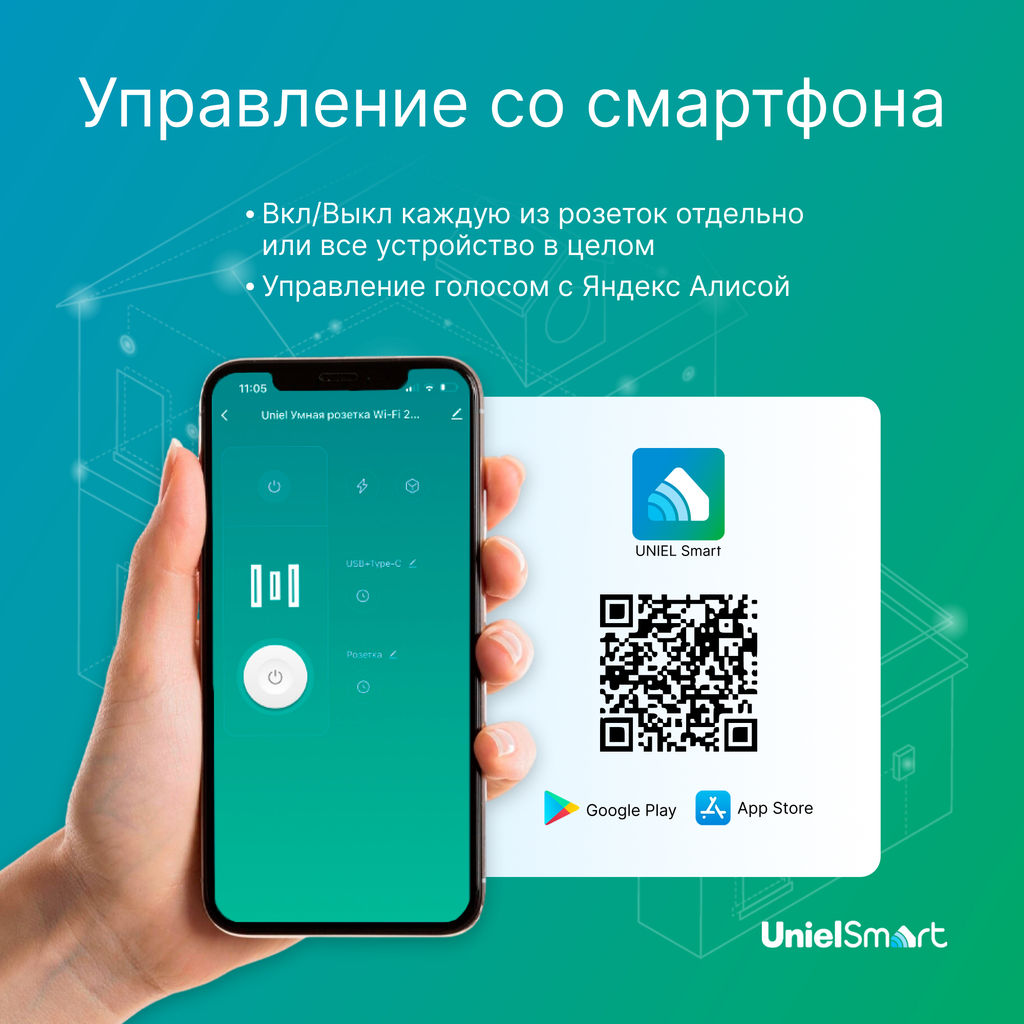USH-A103 1G/UC/WF WHITE Умная розетка Wi-Fi. 2USB+Type-C (5В, 2,4A). 16A. До 3680Вт. Голосовое управление+приложение UnielSmart. TM Uniel - Volpe фото 6