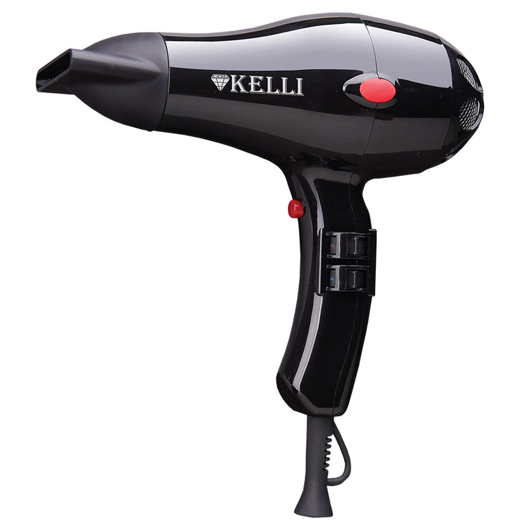 Фен для волос профессиональный "Kelli" 3 режима нагрева, 2 режима мощности потока воздуха, холодный обдув для фиксации прически, концентратор для сушки и моделирования, фильтр воздухозаборника, петелька для подвешивания, защита от перегрева, двигател