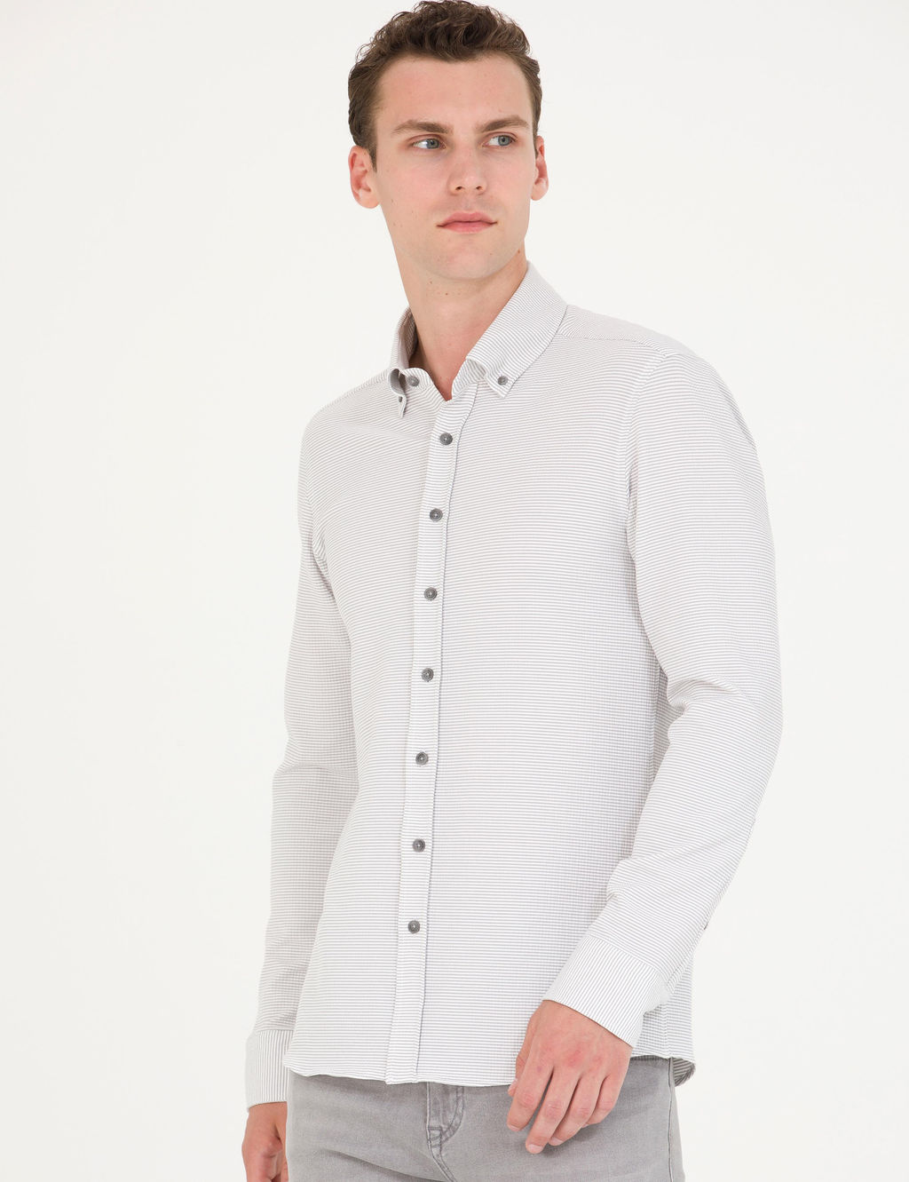 Рубашка Pierre Cardin Slim Fit светло-серая с длинным рукавом