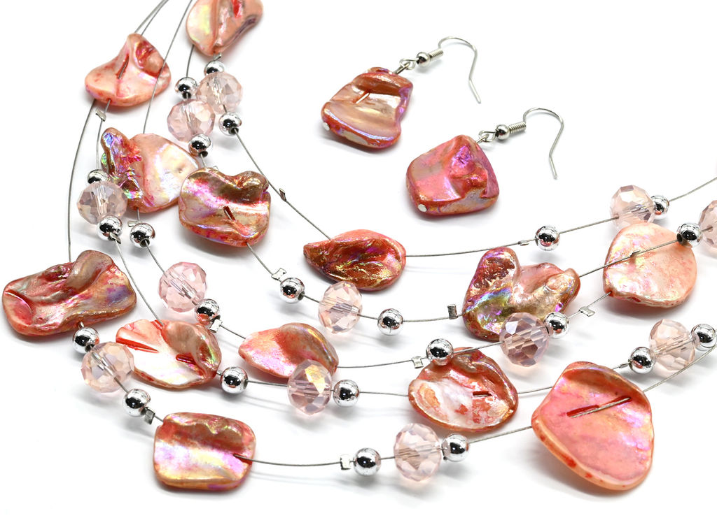 Колье и Серьги 5 нитей из перламутра и циркона, цв.рыжий, 45см