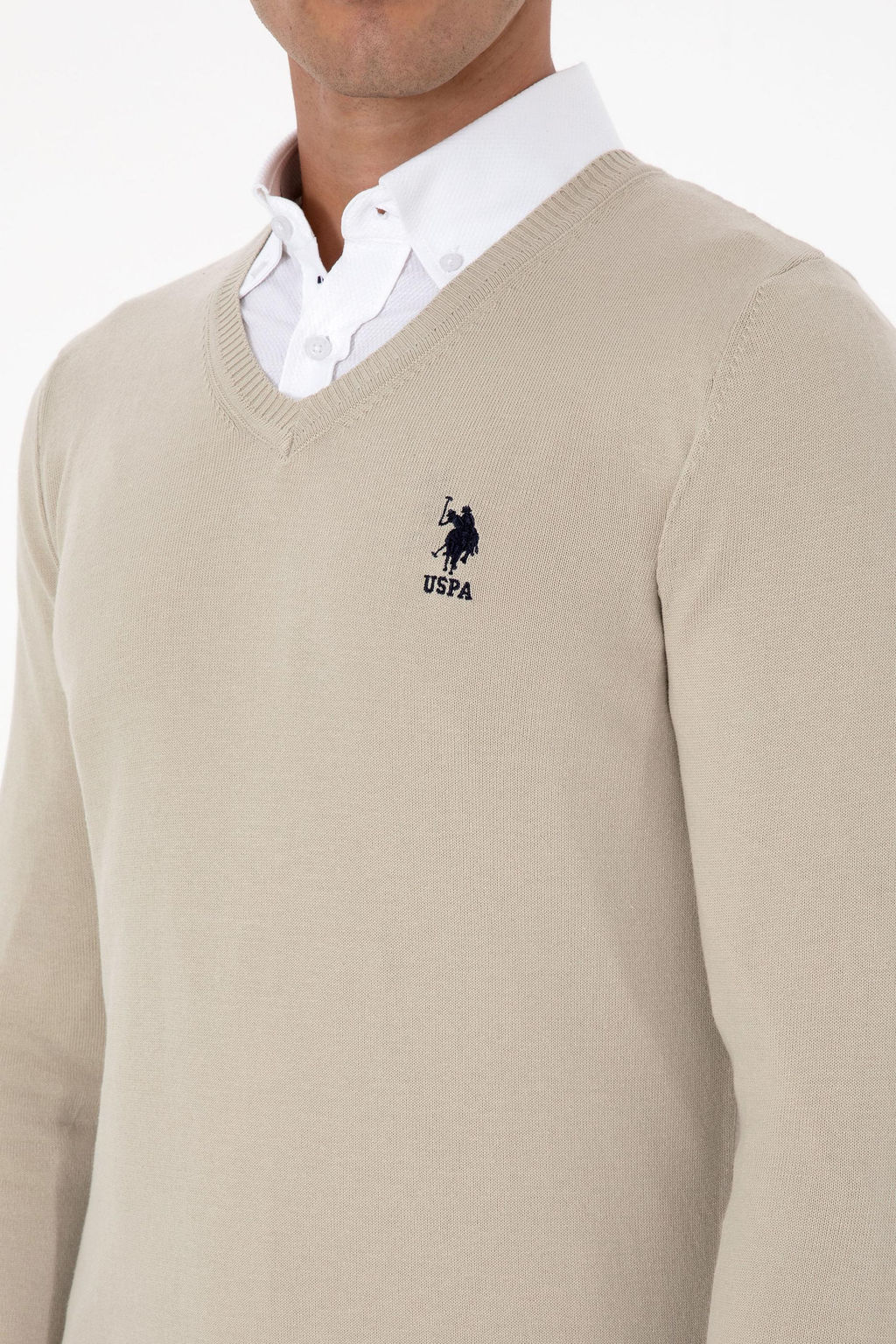 Erkek Slim Fit V Yaka A__k Haki Basic Kazak