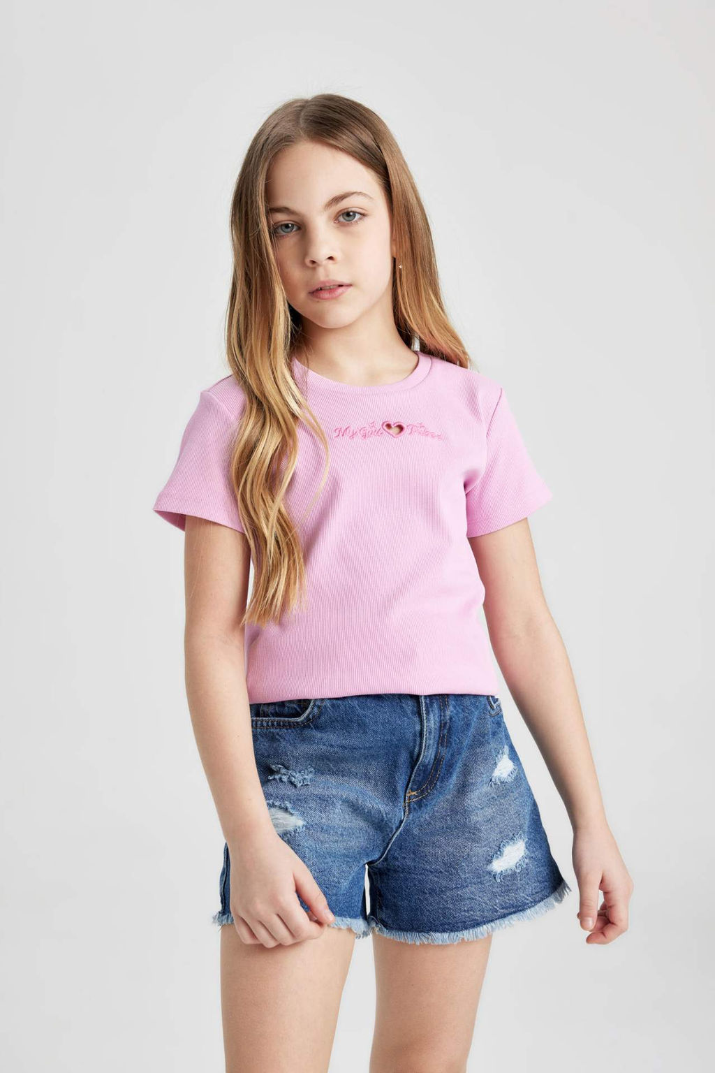 K?z Cocuk Slim Fit Dar Kesim Bisiklet Yaka Fitilli Kaskorse K?sa Kollu Tisort - Defacto фото 2