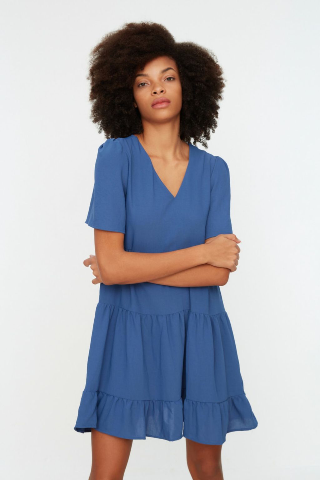 Indigo Genis Kesim V Yaka Mini Dokuma Elbise TWOSS20EL0400