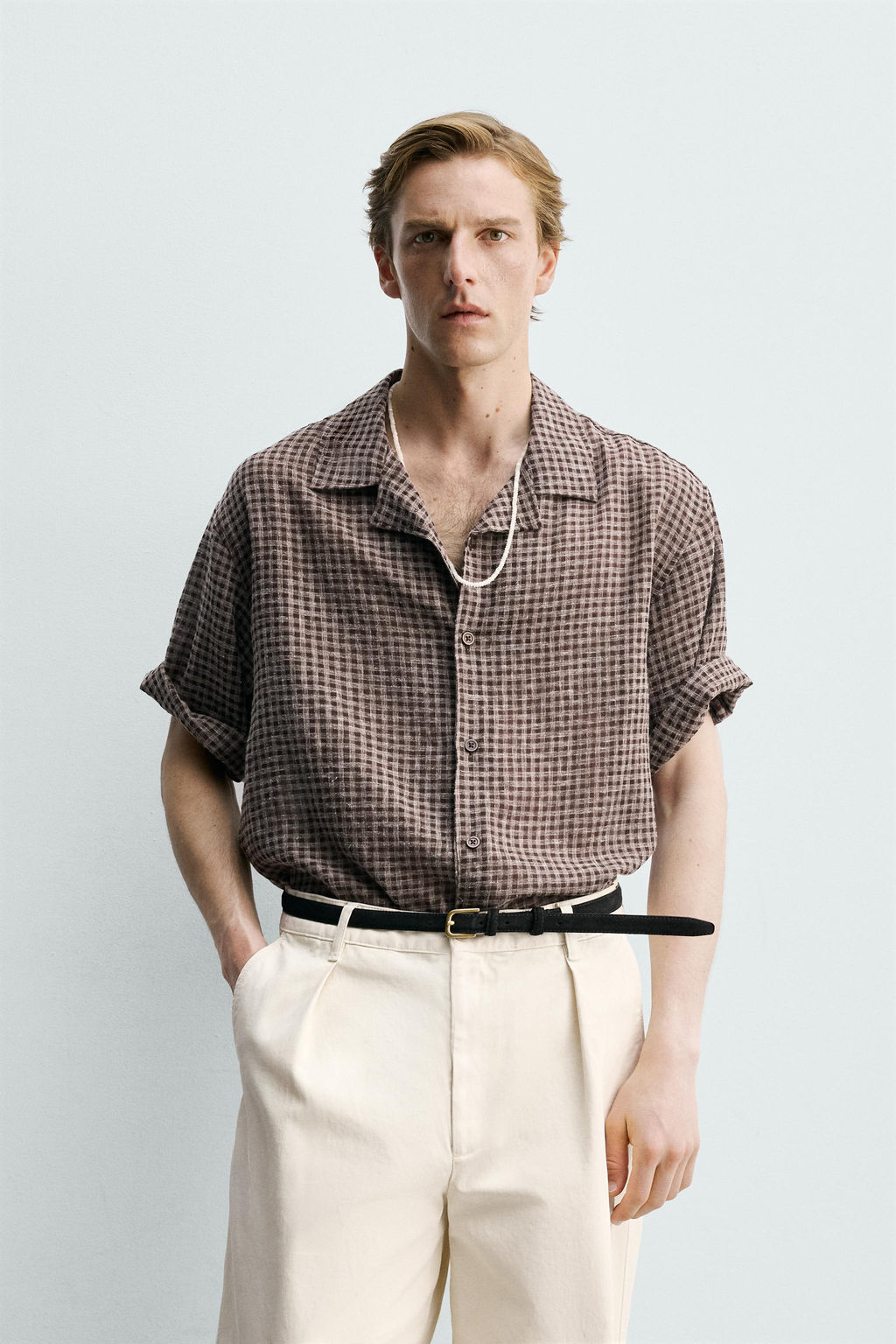 Рубашка Zara Relaxed Fit Jacquard Cuadros коричневая