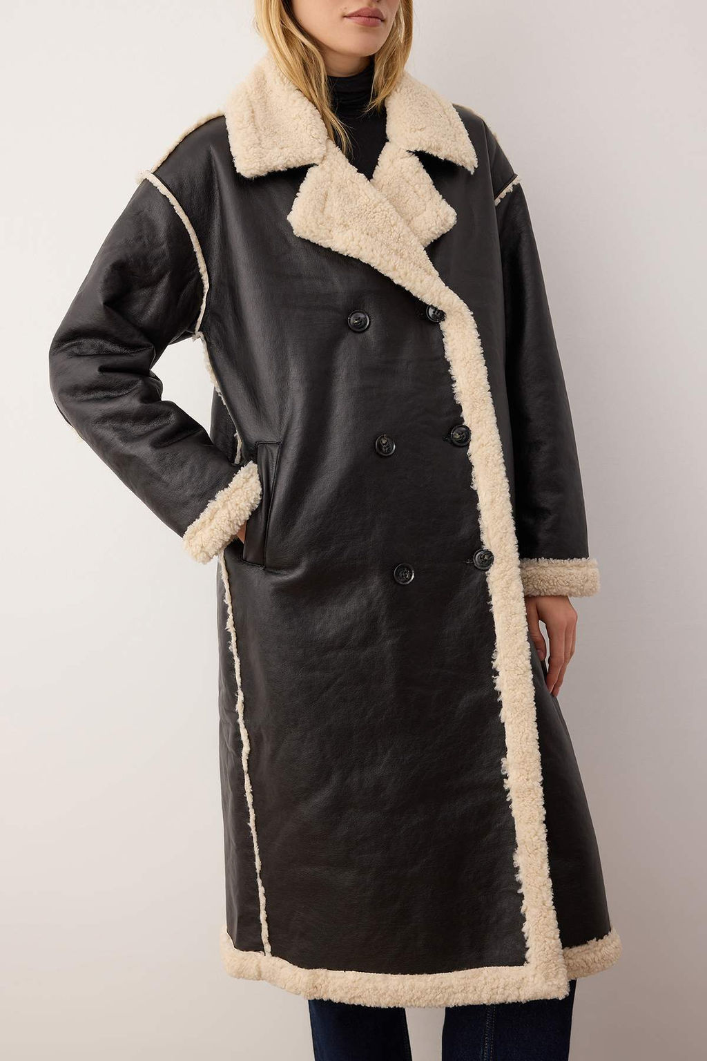 Siyah Cift Tarafl? Pelus Mono Kapama Oversize Uzun Suni Deri Kaban TWOAW26KB00000 - Trendyolmilla фото 7