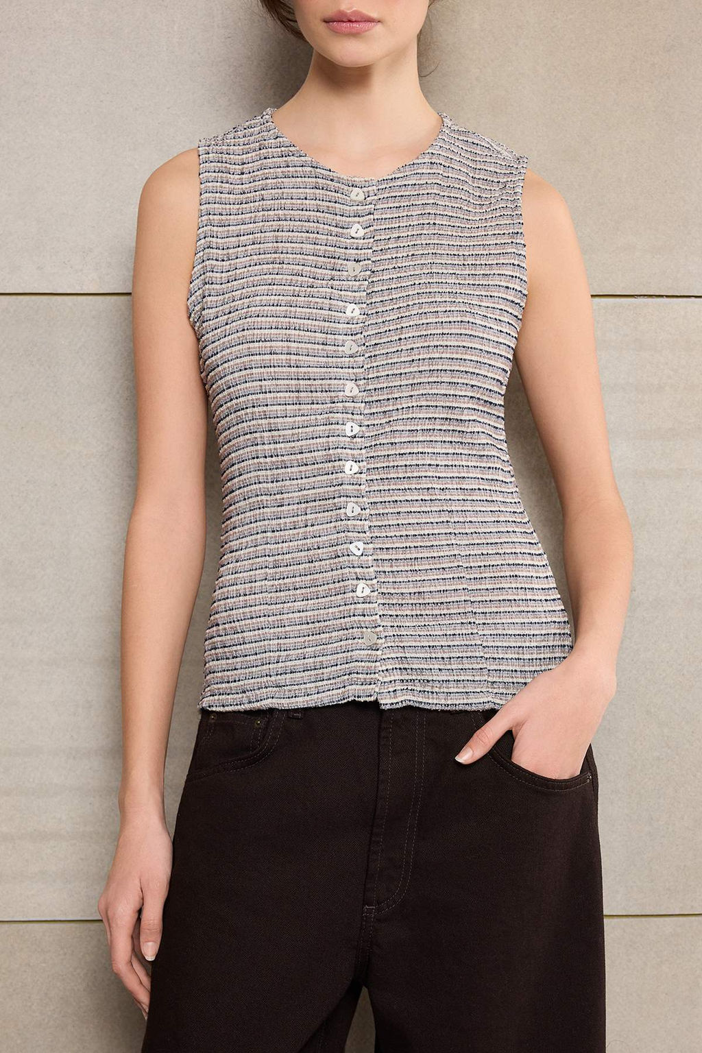 Cok Renkli Cizgili Fitted/Vucuda Oturan Dugmeli Kolsuz Dokulu Orme Bluz TWOSS26BZ00260 - Trendyolmilla фото 5