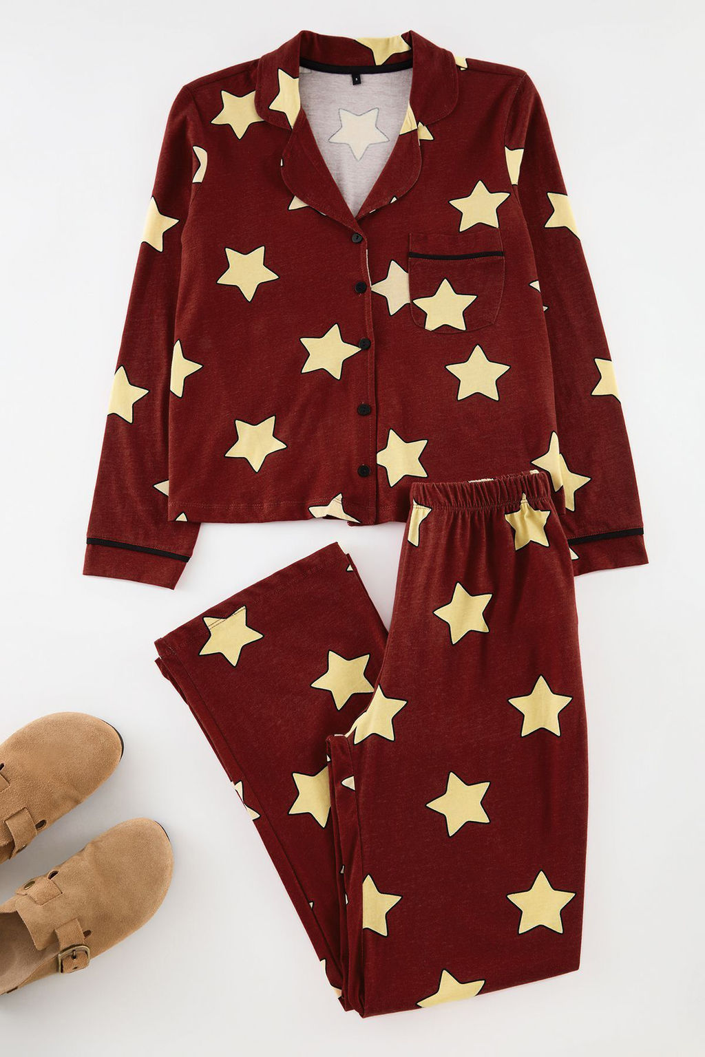 Trendyolmilla Bordo %100 Pamuklu Y?ld?z Desenli Orme Pijama Tak?m? THMAW21PT0456