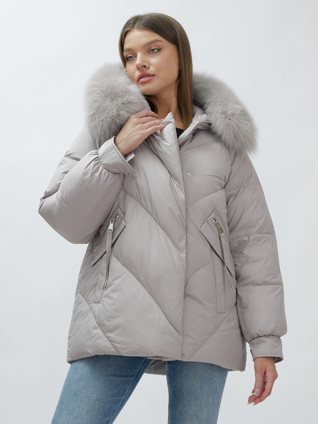 Полупальто женское зимние с мехом песец люкс класса серого цвета 6227Sr - Mtforce фото 19