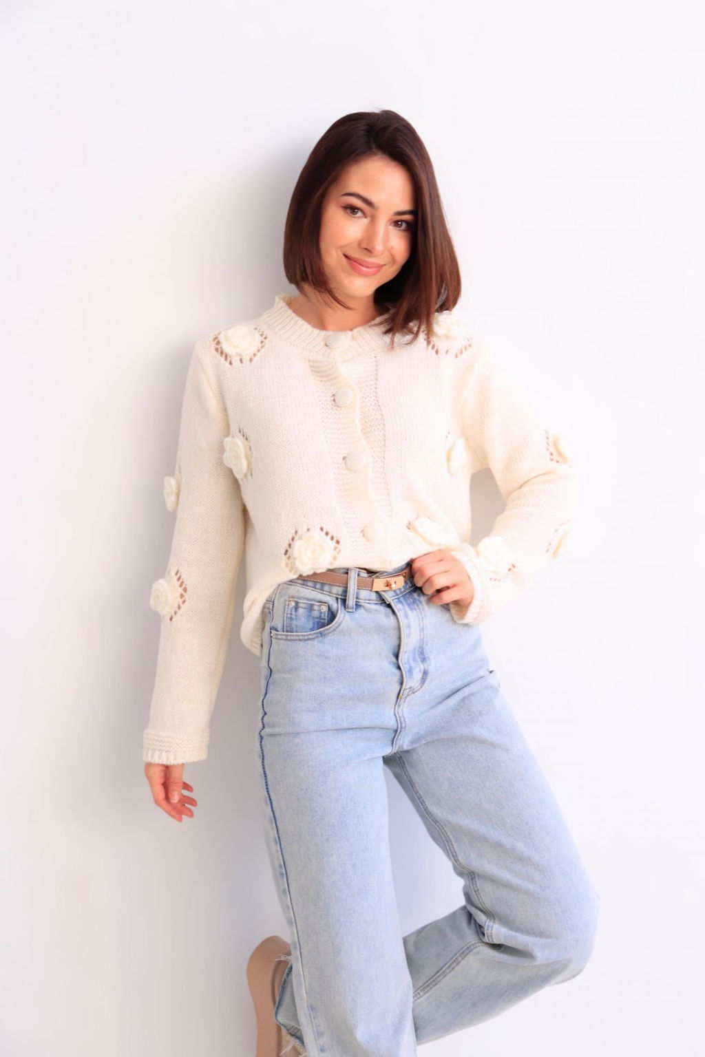 Martichelli Кардиган айвори с вязаными розами  фото 4