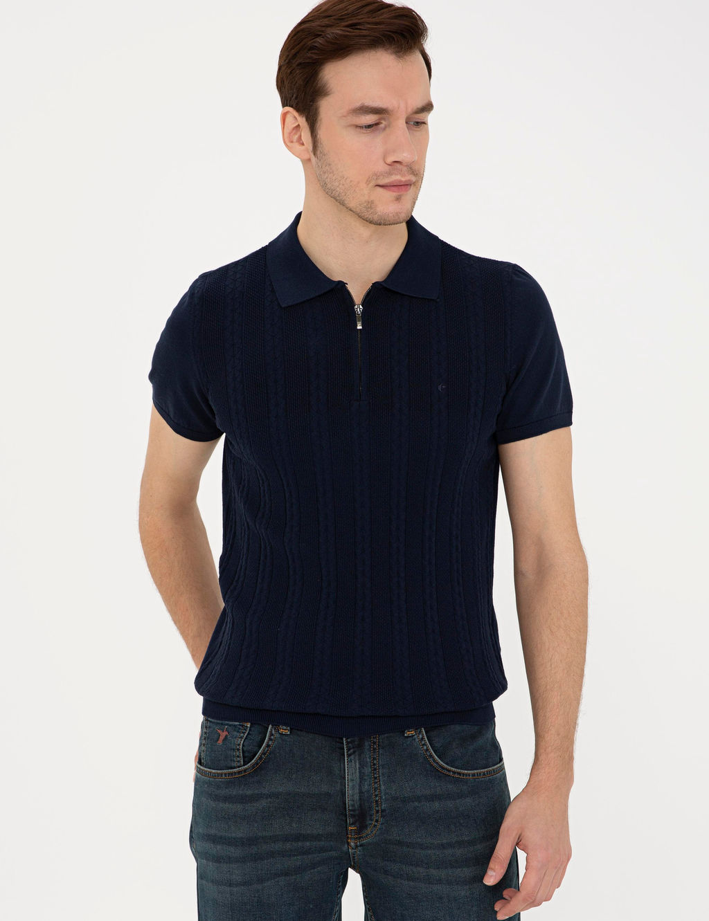 Темно-синий облегающий трикотажный свитер с воротником-поло - Cacharel фото 6