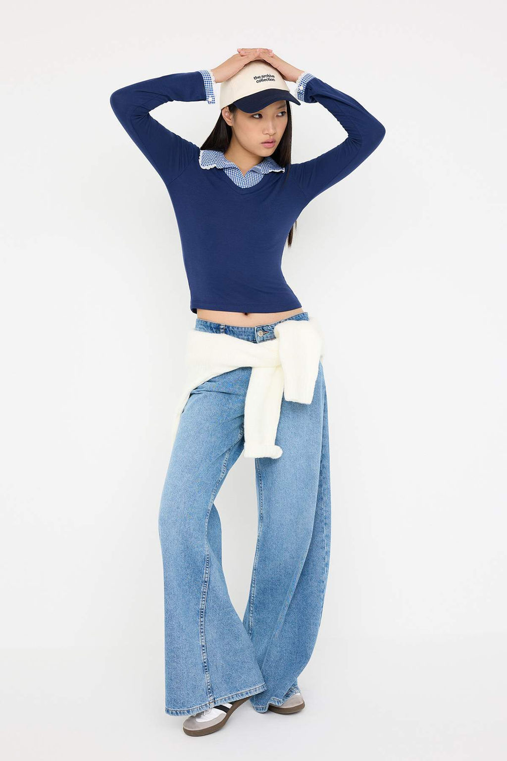 Teen Lacivert Ekose/Kareli Fitted/Vucuda Oturan Dokuma Detayl? Orme Bluz TWOAW26BZ00008 - Trendyolmilla фото 2