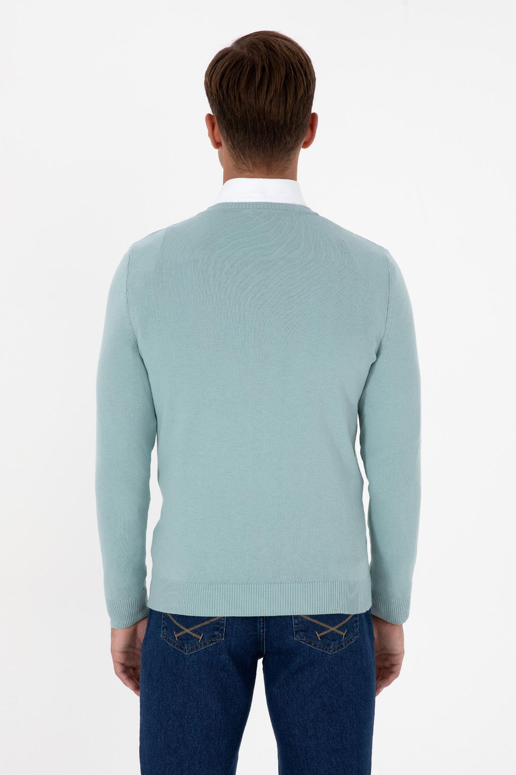 Erkek Slim Fit V Yaka Mint Basic Kazak