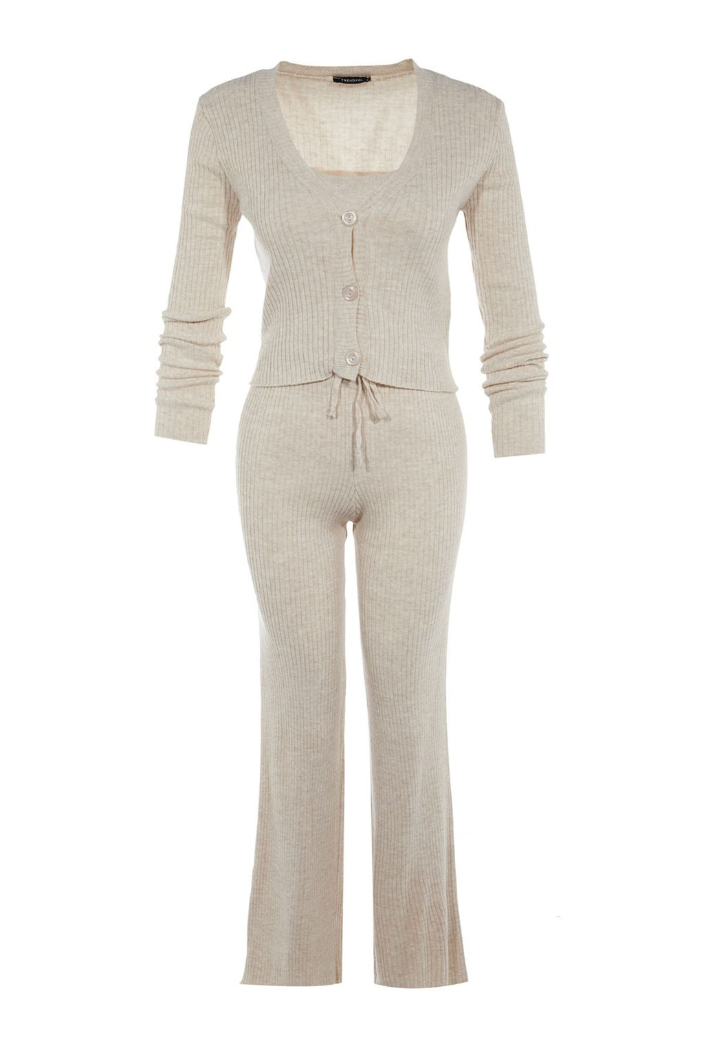 Bej Fitillli Bluz H?rka Pantolon Triko Alt-Ust Tak?m TWOAW22AU0006