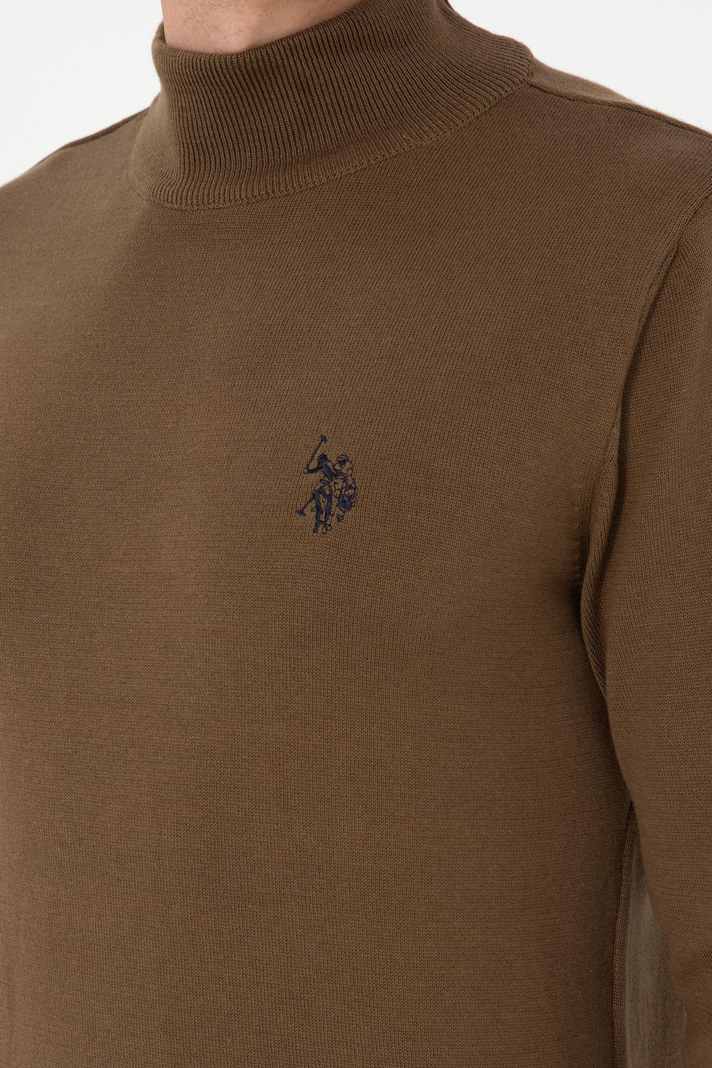 Erkek Slim Fit Yar_m Bo_azl_ Haki Basic Kazak