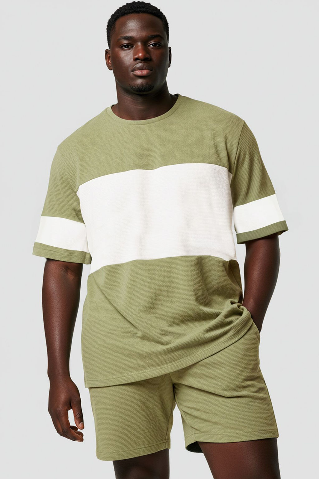 TRENDYOL MAN Mint Buyuk Beden Oversize/Genis Kesim Renk Bloklu Dokulu T-Shirt TMNSS25BF00038