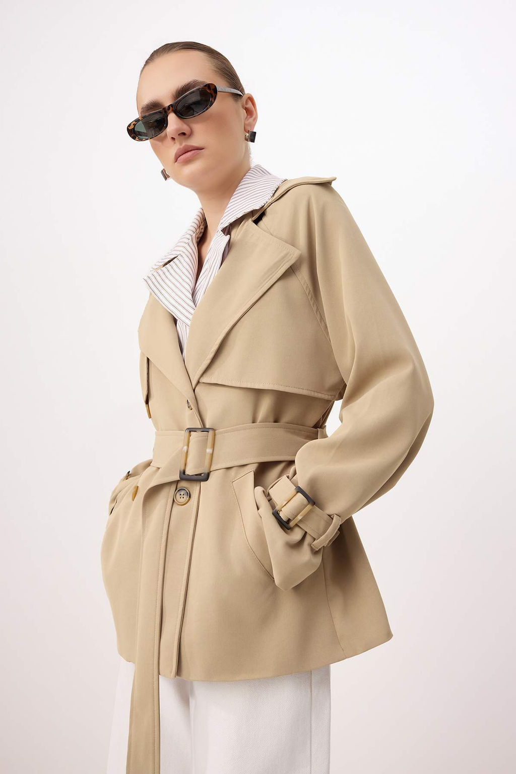 Bej Cizgili Gomlek Yaka Detayl? Kruvaze Kapama Midi Trenckot TWOSS26TR00005 - Trendyolmilla фото 4