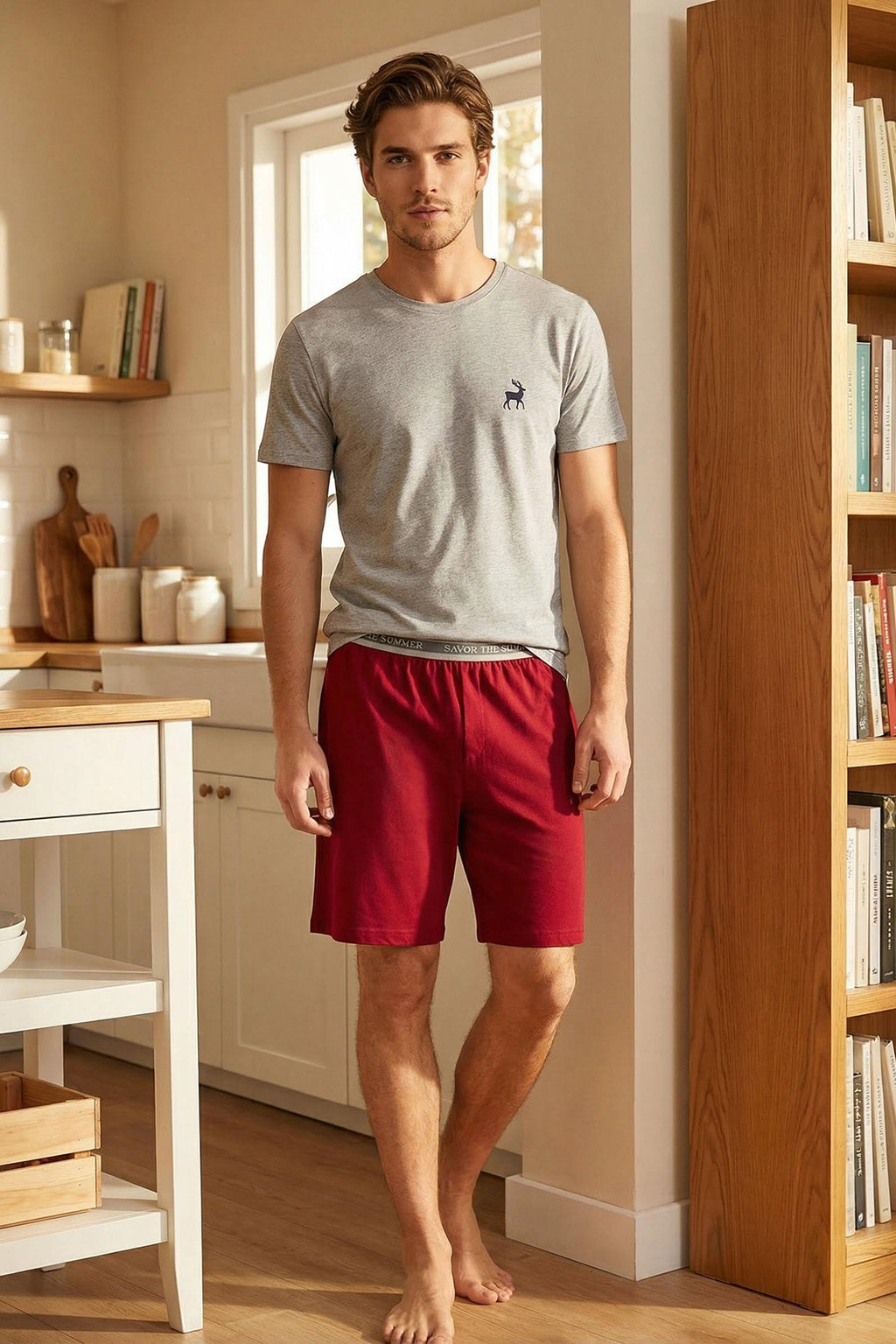 TRENDYOL MAN Gri melanj- Bordo Slim Fit Geyik Nak?sl? Sortlu Orme Pijama Tak?m? TMNSS25PT00070 - Trendyolmilla фото 7