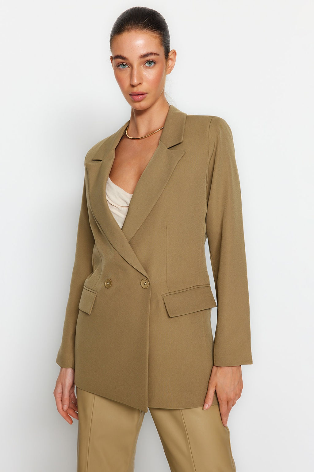 Ac?k Haki Regular Astarl? Kruvaze Kapama Dokuma Blazer Ceket TWOSS20CE0059