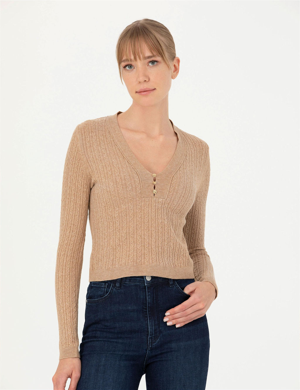 Бежевый свитер с v-образным вырезом Ex Slim Fit