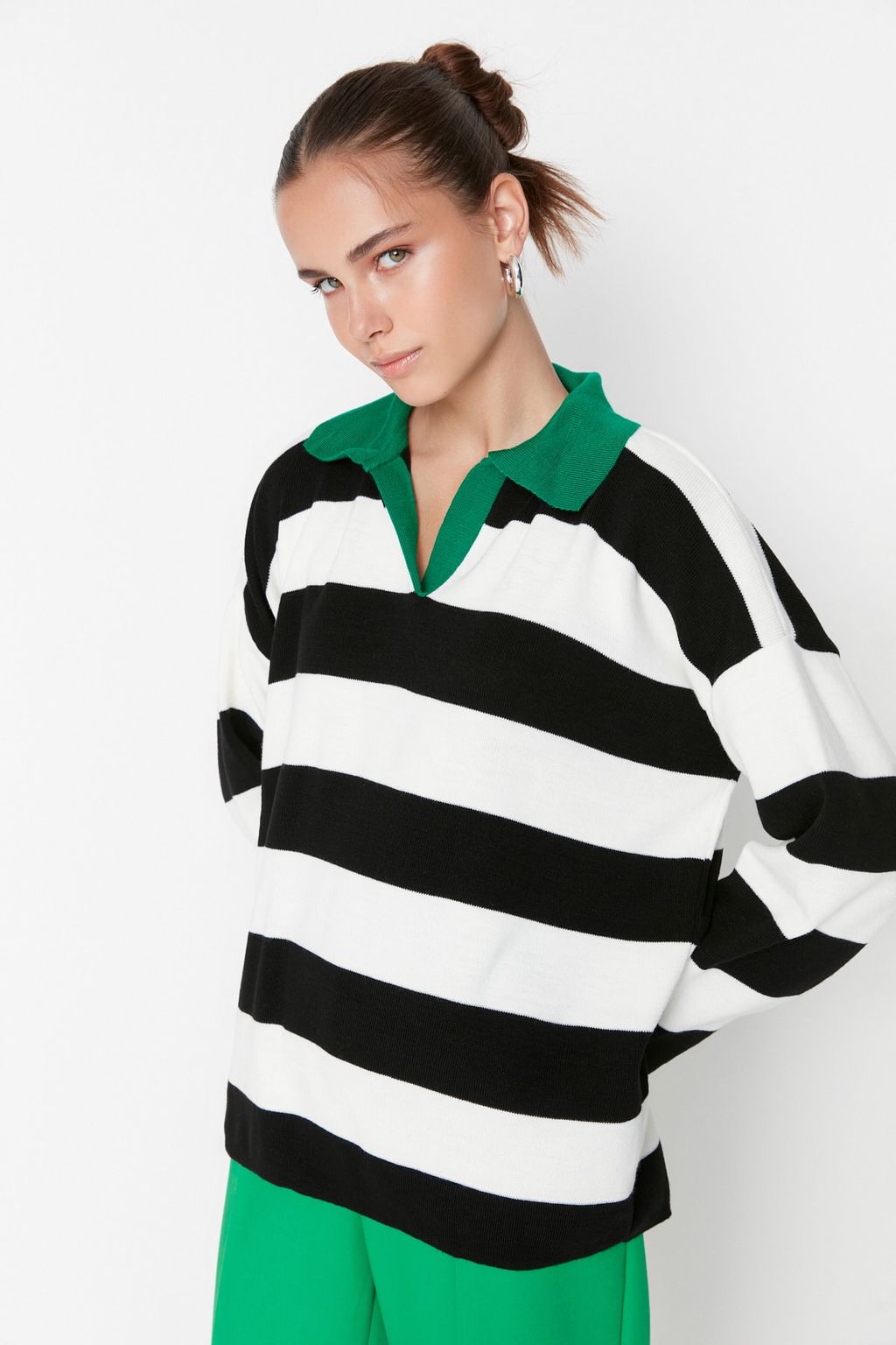 Yesil Genis Kal?p Cizgili Triko Kazak TWOAW23KZ00008 - Trendyolmilla фото 3