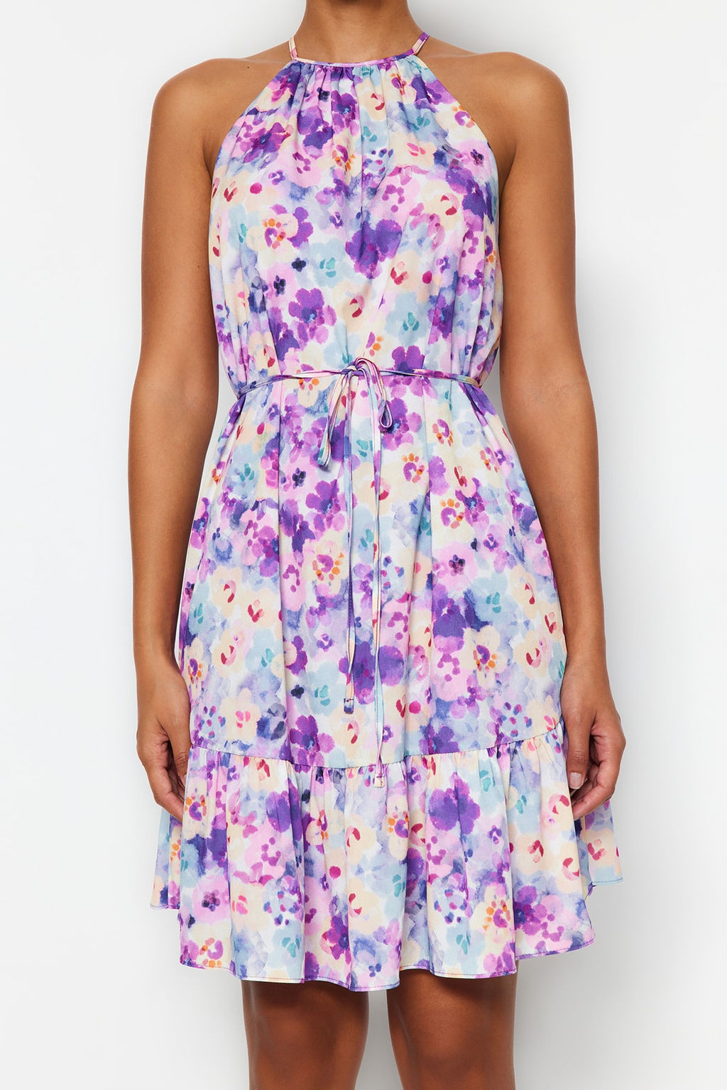 Mor Cicekli Halter Yaka A Kesim Baglama Detayl? Mini Dokuma Elbise TWOSS22EL00666