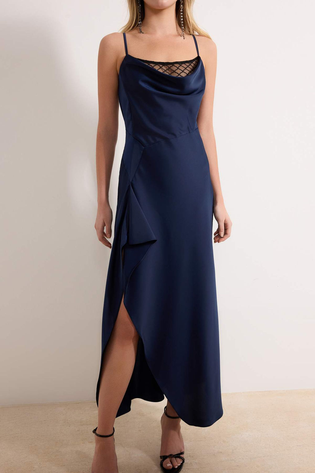 Lacivert Dantel Detayl? Dokuma Saten Midi S?k/Gece Elbise TPRSS26EL00035