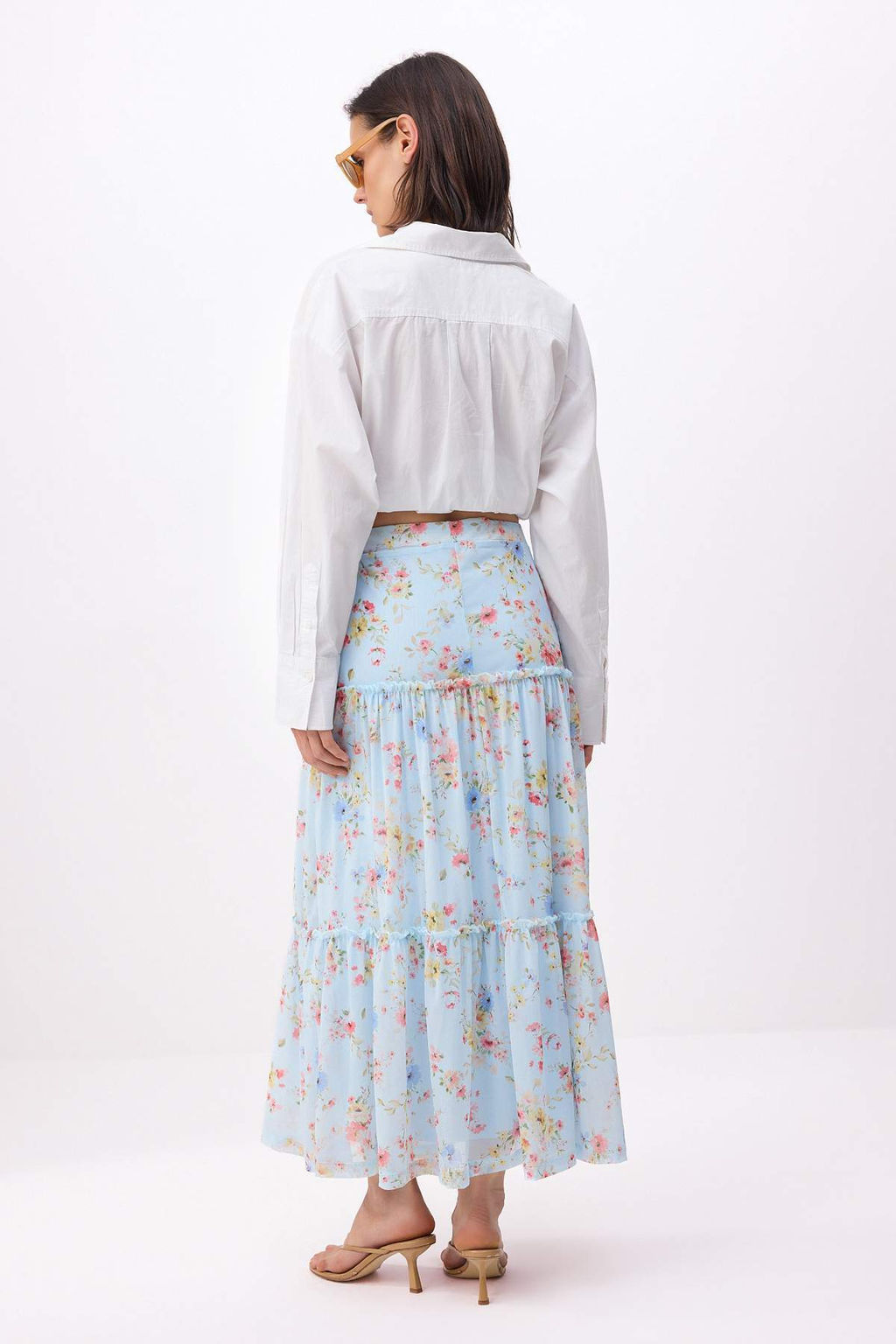 Ac?k Mavi Tul Cicek Bask?l? Buzgu/Drape Detayl? Esnek Etek TWOSS25ET00064