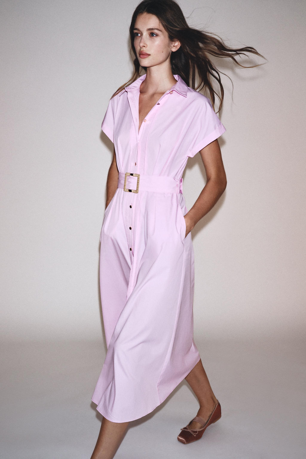 BELTED POPLIN MIDI DRESS