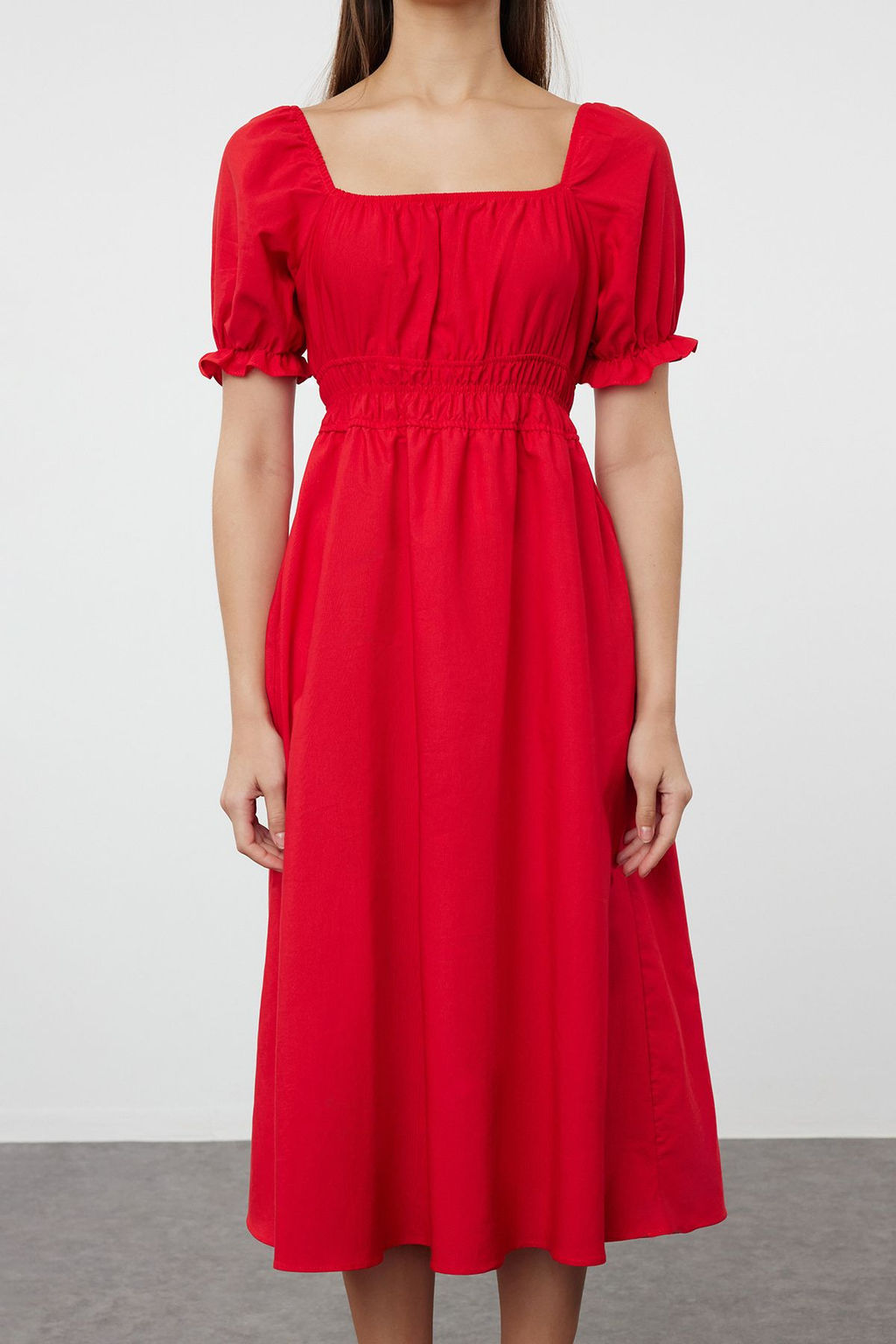 TRENDYOLMILLA K?rm?z? Belden Ac?lan Balon Kollu Midi Dokuma Elbise TWOSS22EL1768 фото 17