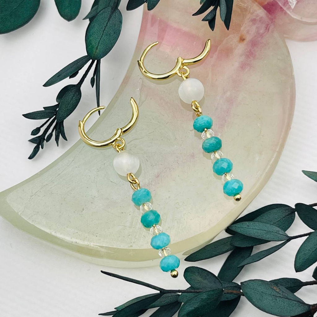 Серьги длинные из Амазонита, Селенита и Горного Хрусталя