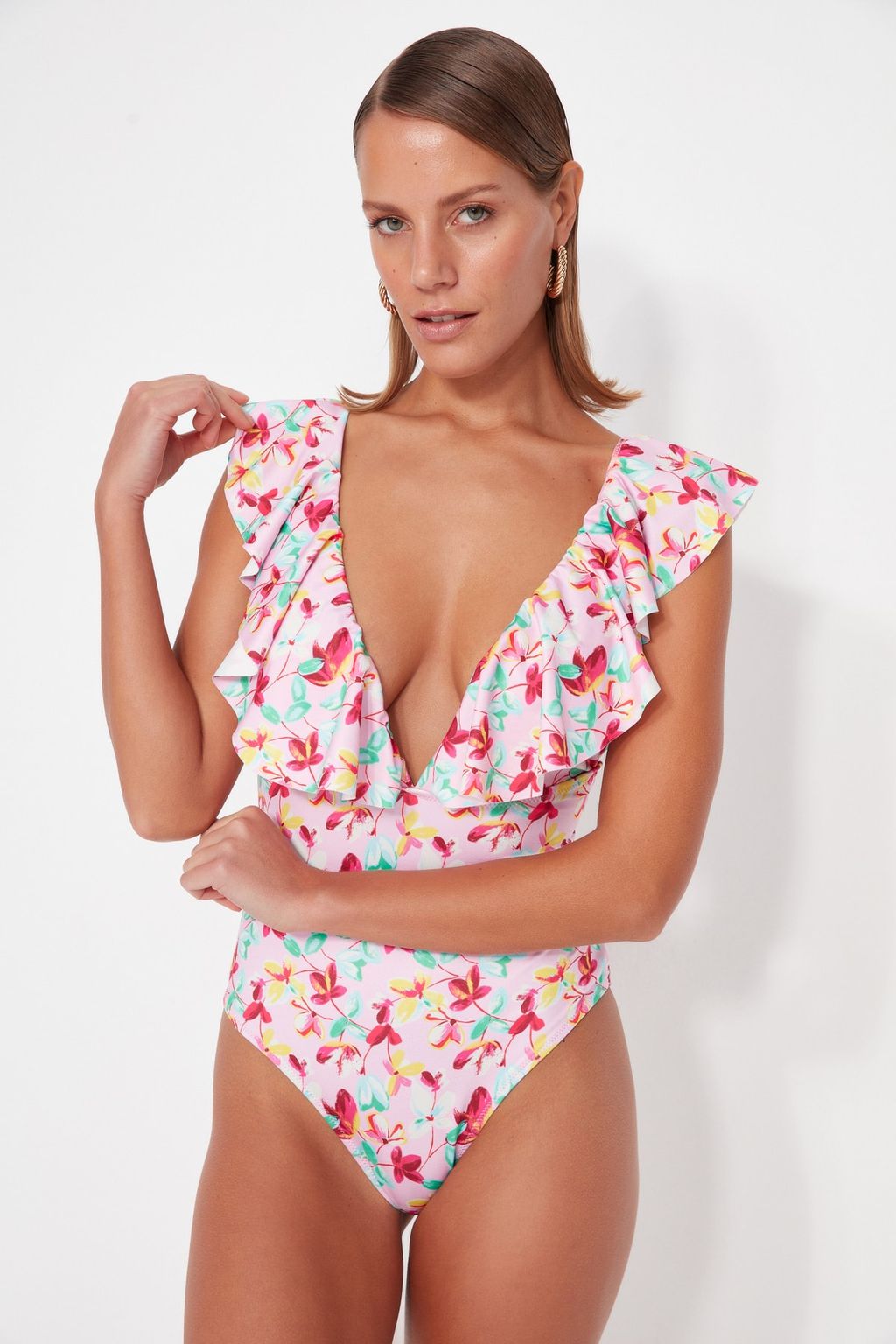 Cicek Desenli Derin Dekolteli Volanl? Normal Paca Mayo TBESS23MA00280 - Trendyolmilla фото 2