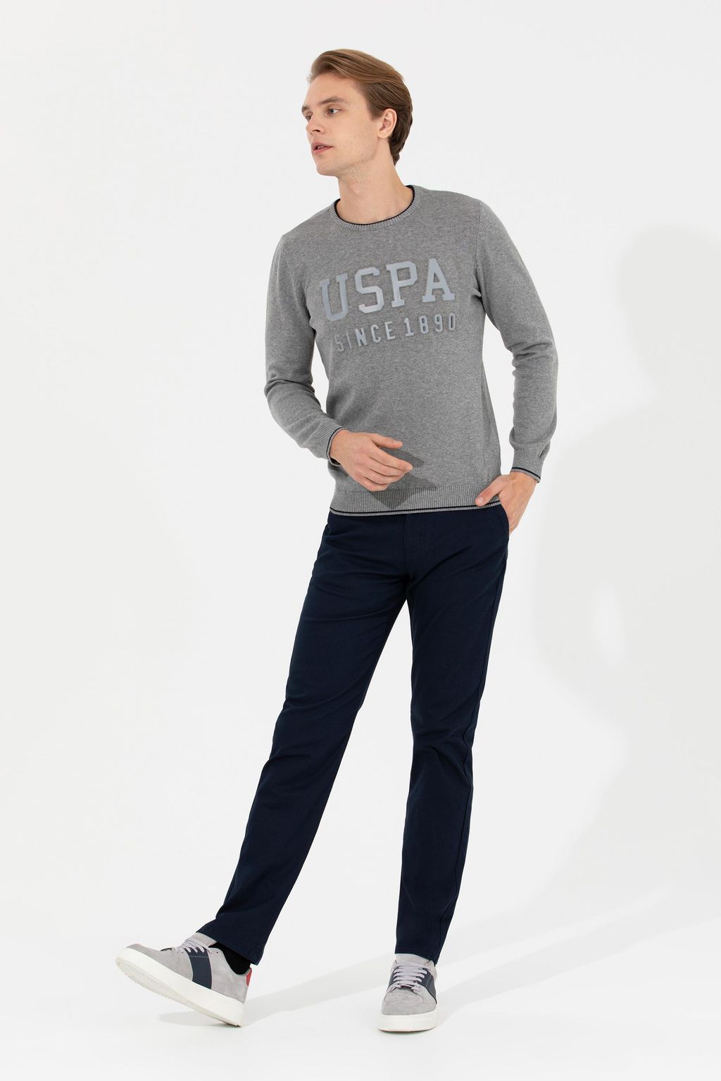 U. S. Polo Assn Мужской серый меланжевый трикотаж с круглым вырезом - U.s. polo assn фото 4